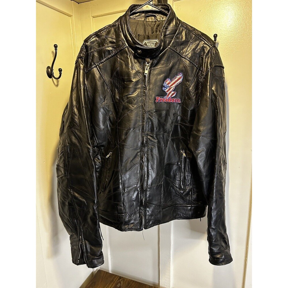 Diamond Plate Buffalo Leather Patchwork Motorcycle Jacket USA Freedom Men’s XL￼
